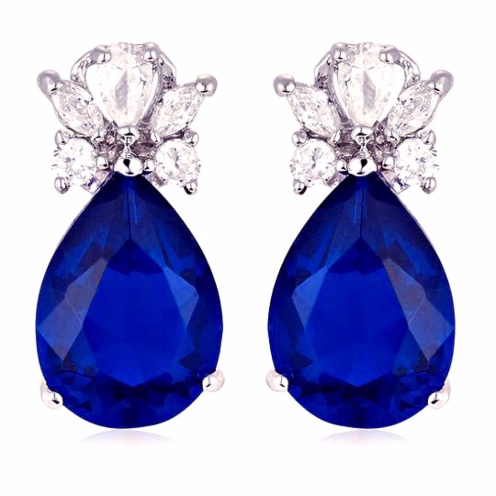 Sapphire CZ Pear Shape 18K WGP Earrings